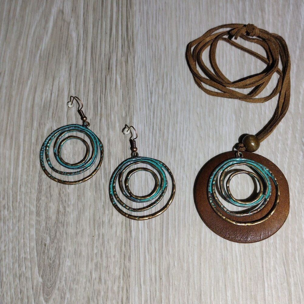 3 piece Set - Bronze/Leather/Wood Necklace & Earrings - New